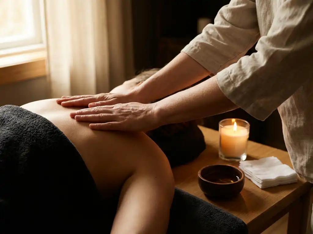 Massagetherapeut legt handen op de blote rug van een cliënt bij kaarslicht, met massageolie en witte linnen op de achtergrond.